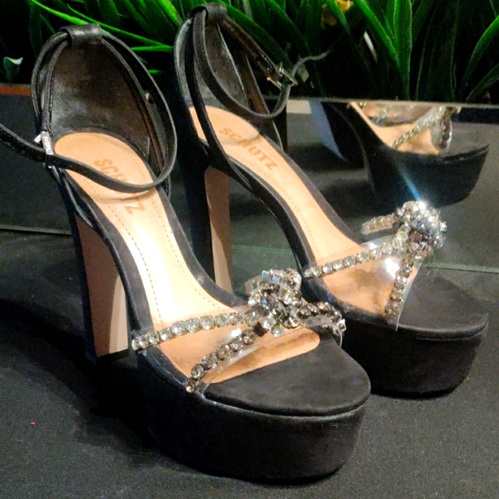 Schultz Platform Black Suede Shoes Rhinestone